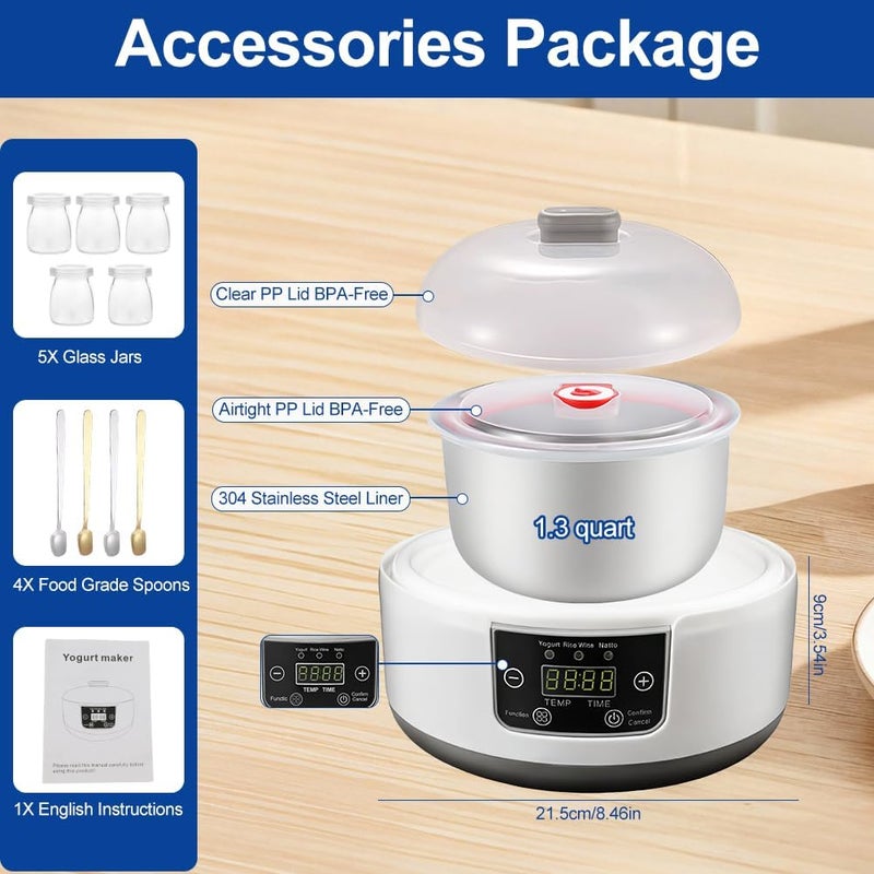 Abnaok Yogurt Maker with Adjust Temp & Time, Multi-Function Probiotic Yogurt Maker with BPA-free PP Lid, Celsius Increment, 304 Stainless Steel Inner Bowl, LED Display - Image 3